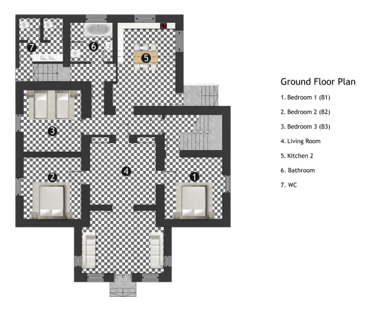 Ground floor plan — 3 bedrooms, living room, kitchen, bathroom, WC