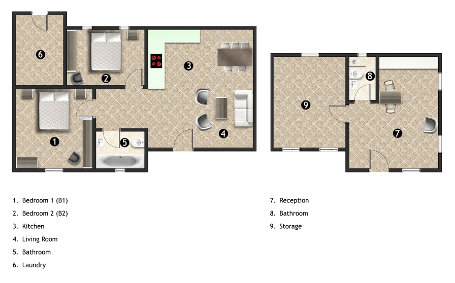 Guesthouse floor plan — 2 bedrooms, kitchen, living room, bathroom, reception