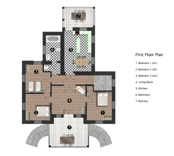 Upper floor plan — 3 bedrooms, living room, kitchen, bathroom, balconies
